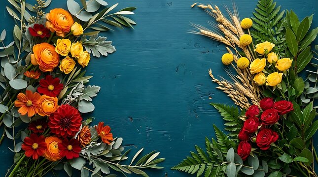 Flat lay floral frame with vibrant orange and red flowers and yellow blooms on a deep teal wooden background