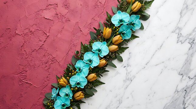 Floral composition with bright turquoise orchids and yellow tulips on a split marble and textured red background