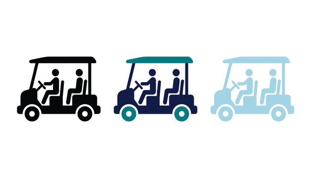 Three golf carts with passengers in different color schemes, vector illustration