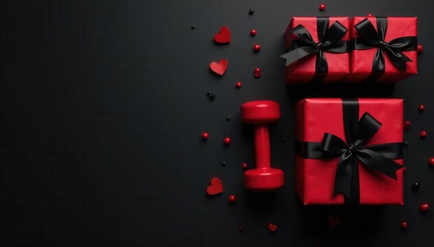 Dumbbells & red gift boxes with black ribbons Black background , black, presents