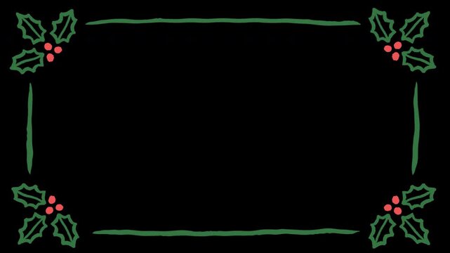 Hand Drawn Christmas Frame with Holly Leaves , home made simple animation , green