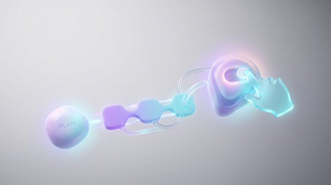 Agentic AI workflow orchestration with connected task nodes and human approval decision point, governed automation concept in violet and cyan on light gray with negative space for landing pages