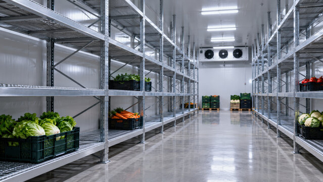 Empty food supply shortage in cold storage warehouse aisle with vegetable crate and metal shelf