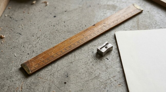 Vintage wooden ruler with brass tips and a metal pencil sharpener placed on a textured concrete workbench next to a blank sheet of paper, representing a rustic and professional creative workspace.