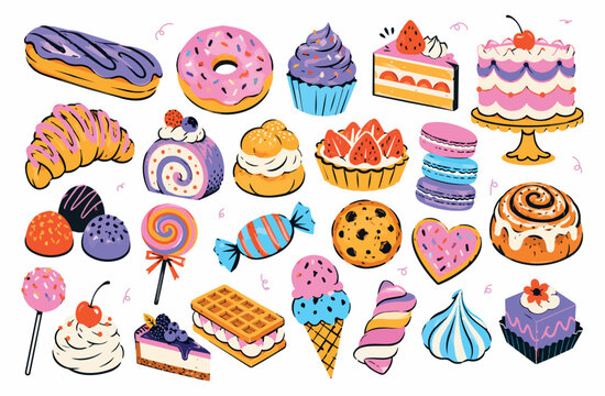 Sweets and desserts set with donut, cupcake, croissant, macarons and ice cream