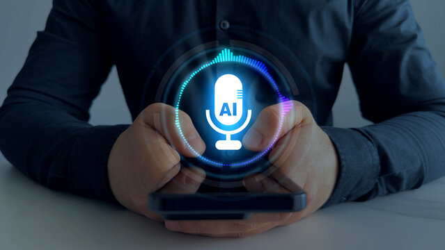 AI voice Assistant concept with microphone and digital speech interface, showing a user asking questions to an artificial intelligence chatbot through voice recognition and conversational technology.	
