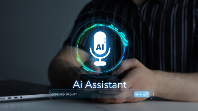 AI Assistant concept with microphone and speech interface, voice commands, questions to an intelligent Chatbot, speech recognition and automated digital communication.