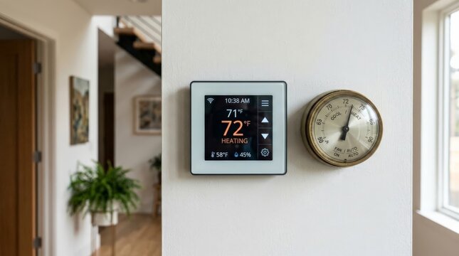 A close-up view shows a modern white wall mounted with a digital smart thermostat displaying 72 degrees alongside a vintage brass analog thermometer in a brightly lit minimalist home
