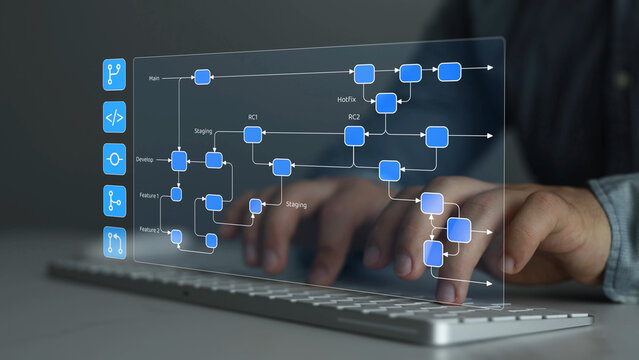 Digital software engineering workflow with multiple code branches, version control stages, development, testing and deployment processes displayed on a transparent interface.