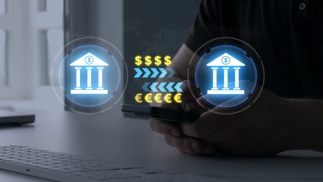 Digital banking and money transaction concept showing electronic funds transfer, online payment, financial technology, secure banking services and cashless commerce.

