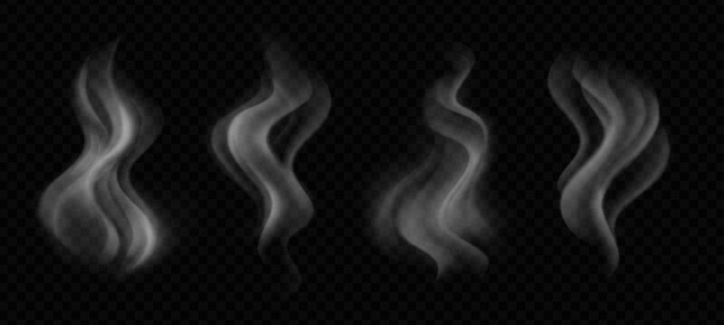 Realistic vapor steam from hot coffee cup with water heat fume on transparent black background. White mist wave effect for tea, cooking or drink elements. Isolated smoke overlay for food design.