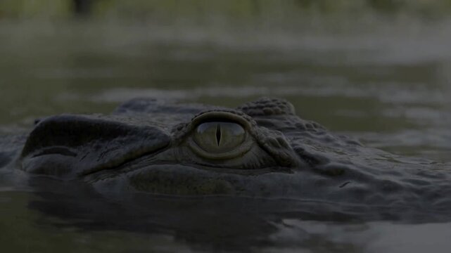 Yellow-green crocodile eyes with dark vertical pupils stared intently from beneath the dark, murky water.