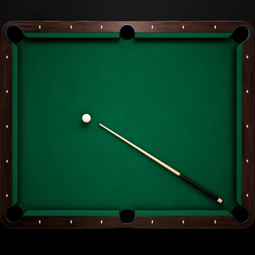 An empty green billiard table with a white ball on the left side and a cue stick lying diagonally, pointing toward the bottom-right corner.