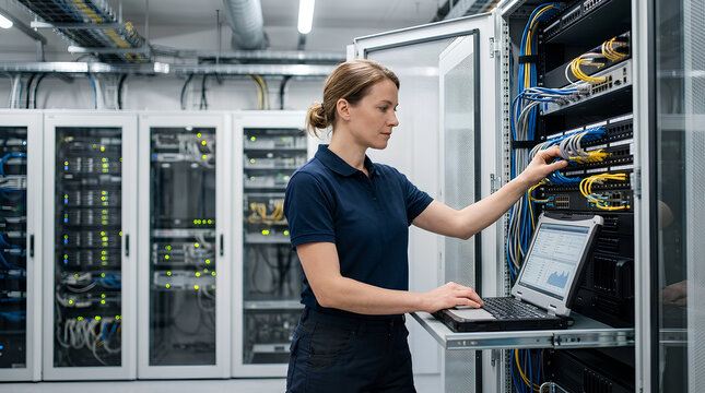 female technician working with network server in modern data center environment showing technical expertise