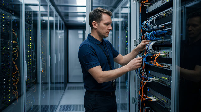 IT technician managing network cables in a secure data center environment demonstrating technical expertise