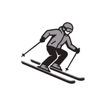 This minimalist flat vector icon features a skier in full gear sliding downhill, designed for winter sports themes and athletic branding materials.