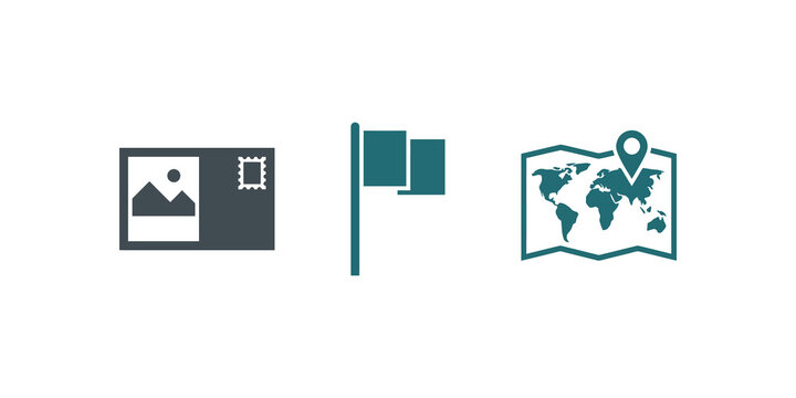 Postcard flag and map icons in teal and gray for travel layout design.