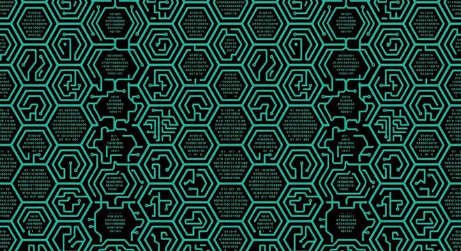 A repeating hexagonal pattern featuring turquoise circuit board lines and binary code sequences against a solid black background