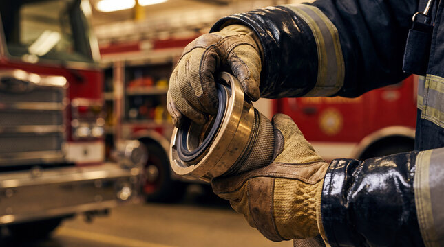 Close-up of firefighter hands inspecting a heavy metal hose coupling with a fire engine softly blurred in the background.