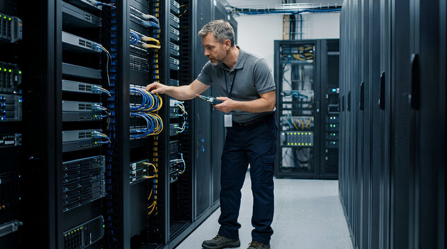 IT technician inspecting server racks in a data center with focused analysis and troubleshooting