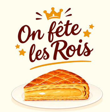 On f&ecirc;te les Rois. Part de galette des Rois avec une f&egrave;ve &agrave; l'int&eacute;rieur. . Illustration &agrave; l'occasion de l'&eacute;piphanie. 