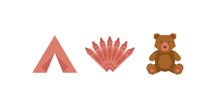 Geometric tent illustration with wax crayons and brown toy bear icon.