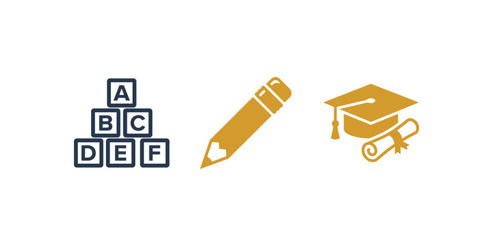 Alphabet building blocks with pencil and graduation hat diploma icons.