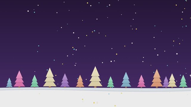Colorful stylized winter trees with falling snow background