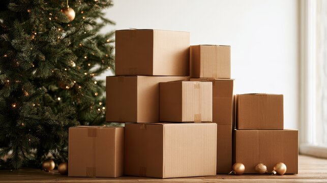 Stack of cardboard shipping boxes various sizes,Christmas gifts on snow,xmas,santa,merry christmas,unboxing,shopping online,Present,birthday,valentine day,delivery holiday concept.,copy space.