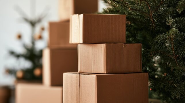 Stack of cardboard shipping boxes various sizes,Christmas gifts on snow,xmas,santa,merry christmas,unboxing,shopping online,Present,birthday,valentine day,delivery holiday concept.,copy space.