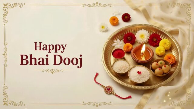 Happy Bhai Dooj Festival Greeting Animation with Traditional Puja Thali, Sweets and Diya
