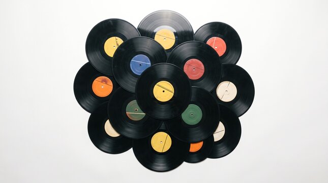 Black vinyl records with colorful center labels arranged in a flower pattern, representing music collection, retro sound and vintage entertainment with a nostalgic music track theme.
