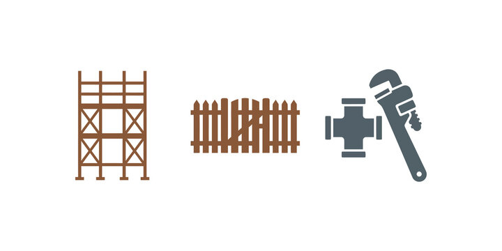 Industrial scaffolding wooden fence construction and plumbing tools vector.
