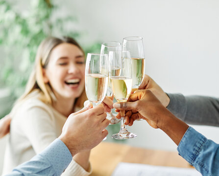 A portrait of young businesspeople celebrating business success with a tost  in the office, teamwork and togetherness concept