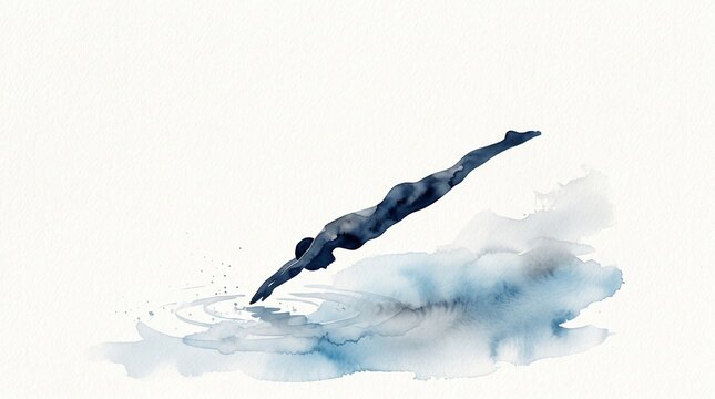 Minimalist watercolor silhouette of a swimmer diving into calm blue water, elegant streamlined body position, subtle circular ripples, soft blue and gray watercolor washes, lots of clean negative