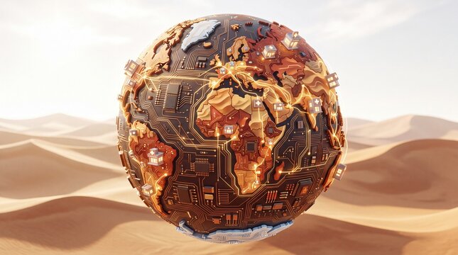 Digital circuit globe with medical icons floating over sandy desert landscape