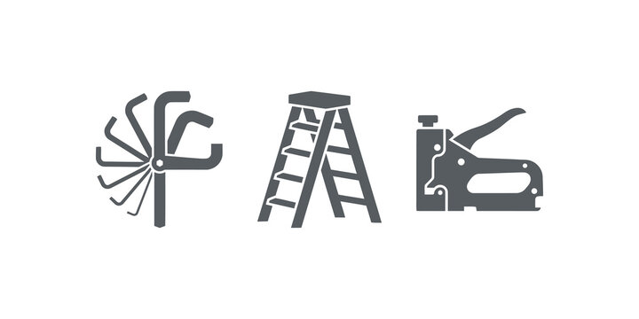 Mechanical workshop tools including allen keys ladder and staple gun.