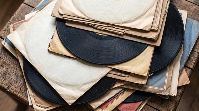 Vinyl records with worn paper sleeves stacked on a rustic wooden table, representing analog music, record collecting, vintage sound and the lasting appeal of physical album culture for nostalgic