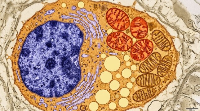 Biological cell interior: mitochondrion energy, nucleus control, Golgi secretion, endoplasmic synthesis, arthritis etiology view, arthrosis pathology examine, osteoarthritis impact.