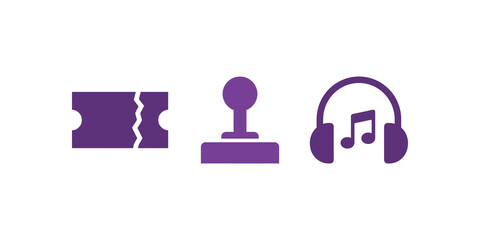 Torn event ticket, joystick game controller, and music headphones icon. © SAJID