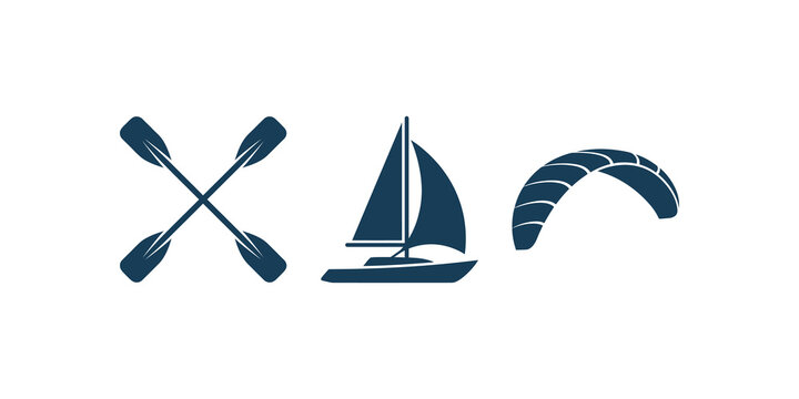 Set of leisure icons with dark blue oars sail boat and paraglider wing.