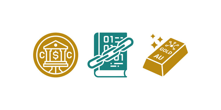 Finance blockchain database and gold bar icon set on grid background.