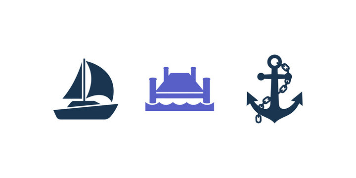 Sailing boat dock pier and metal anchor maritime vector icon set.