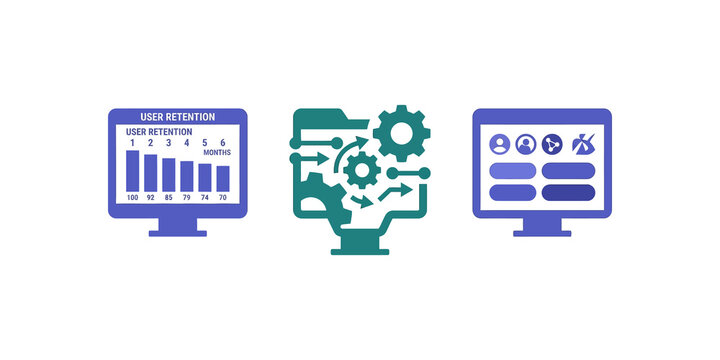 User retention and data process analytics vector icon set on grid.
