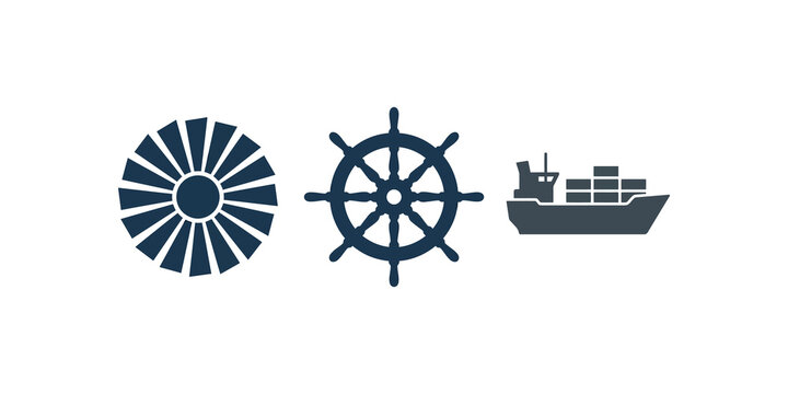 Maritime transport set with turbine engine ship wheel and cargo carrier.