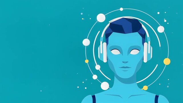 Blue AI Robot Woman with Headphones Listening to Music Vector Character
