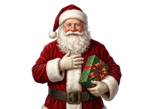 Santa claus wearing gloves holding a wrapped gift isolated on transparent background
