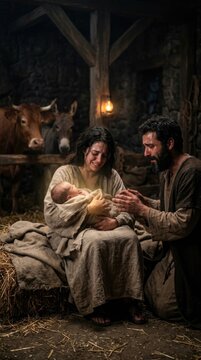 Sacred birth moment: Christmas Nativity, divine baby, holy family, tearful mother, devoted father, humble stable, glowing infant, rustic manger, night scene, miracle arrival.