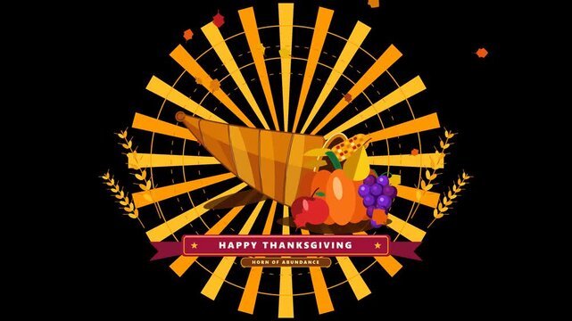 Flat Thanksgiving cornucopia horn of abundance badge animation with seasonal autumn elements against a transparent background