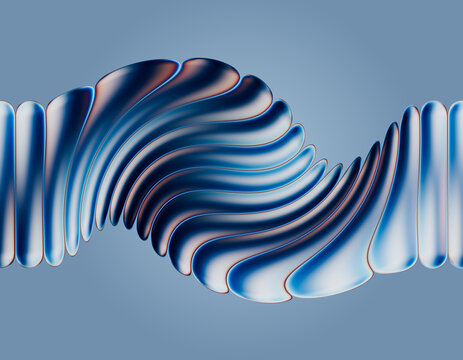 An abstract blue metallic wave flows in a 3d rendering